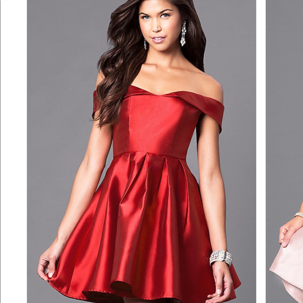 Red statin off the shoulder, short dress